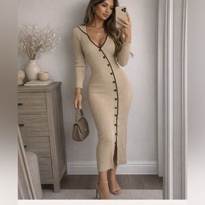 Ribbed Knit Midi Dress. Beige Black Trim Gold Button Front Long Sleeve. NWT.